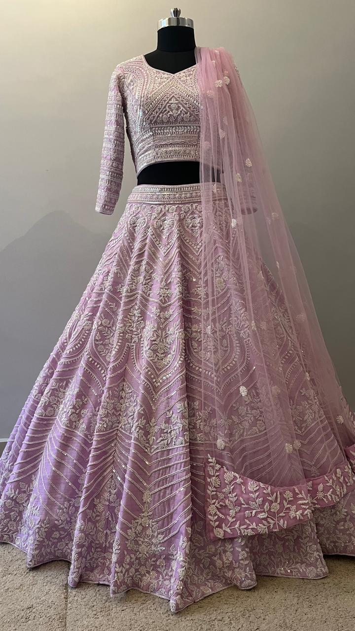 Blush Lavender Embroidered Bridal Lehenga with Resham Detailing