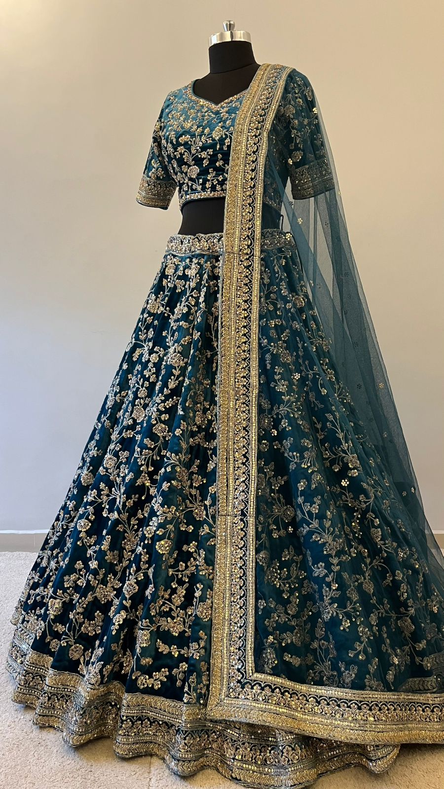 Midnight Teal Zari Embroidered Bridal Lehenga Set