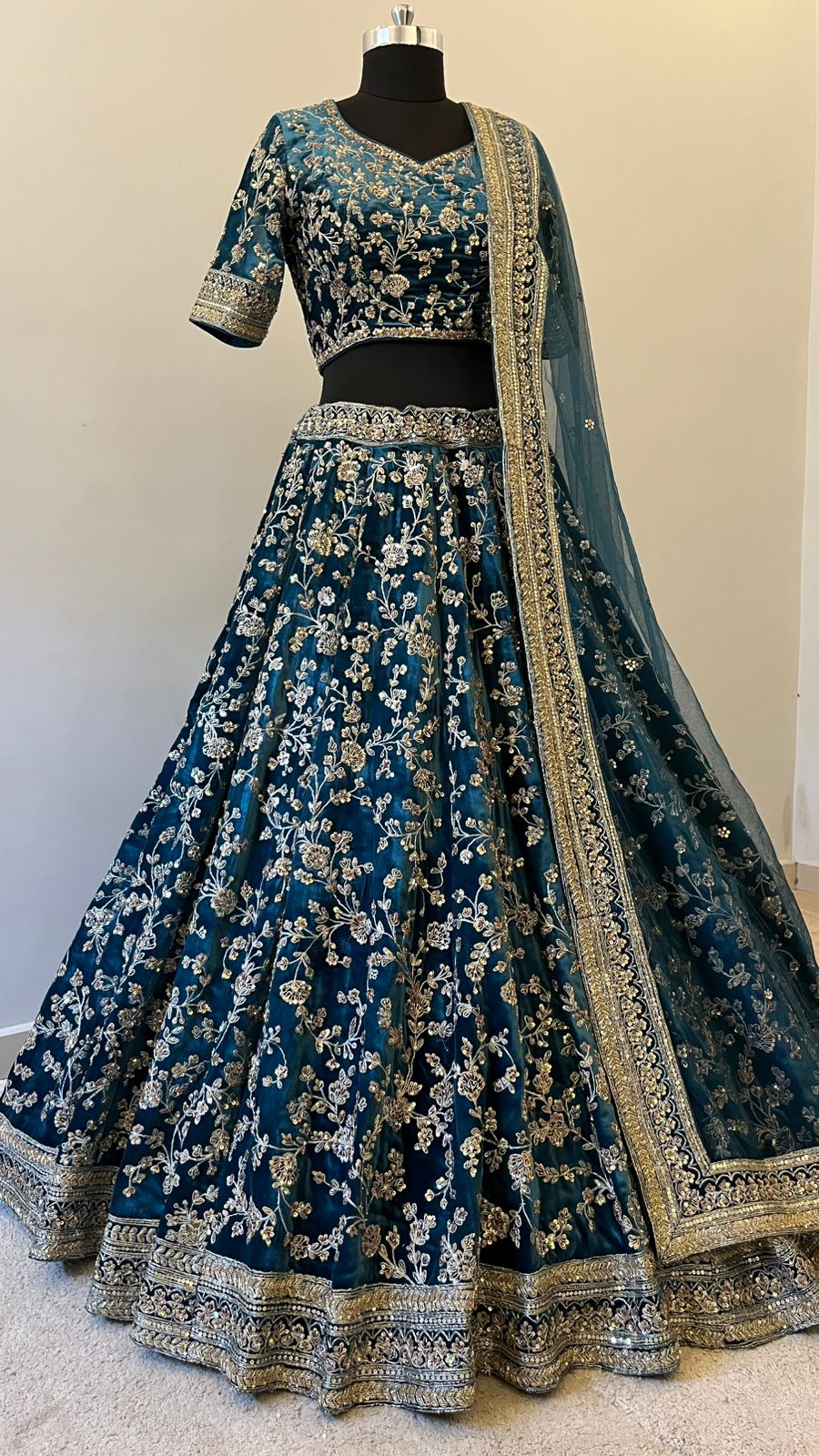 Midnight Teal Zari Embroidered Bridal Lehenga Set
