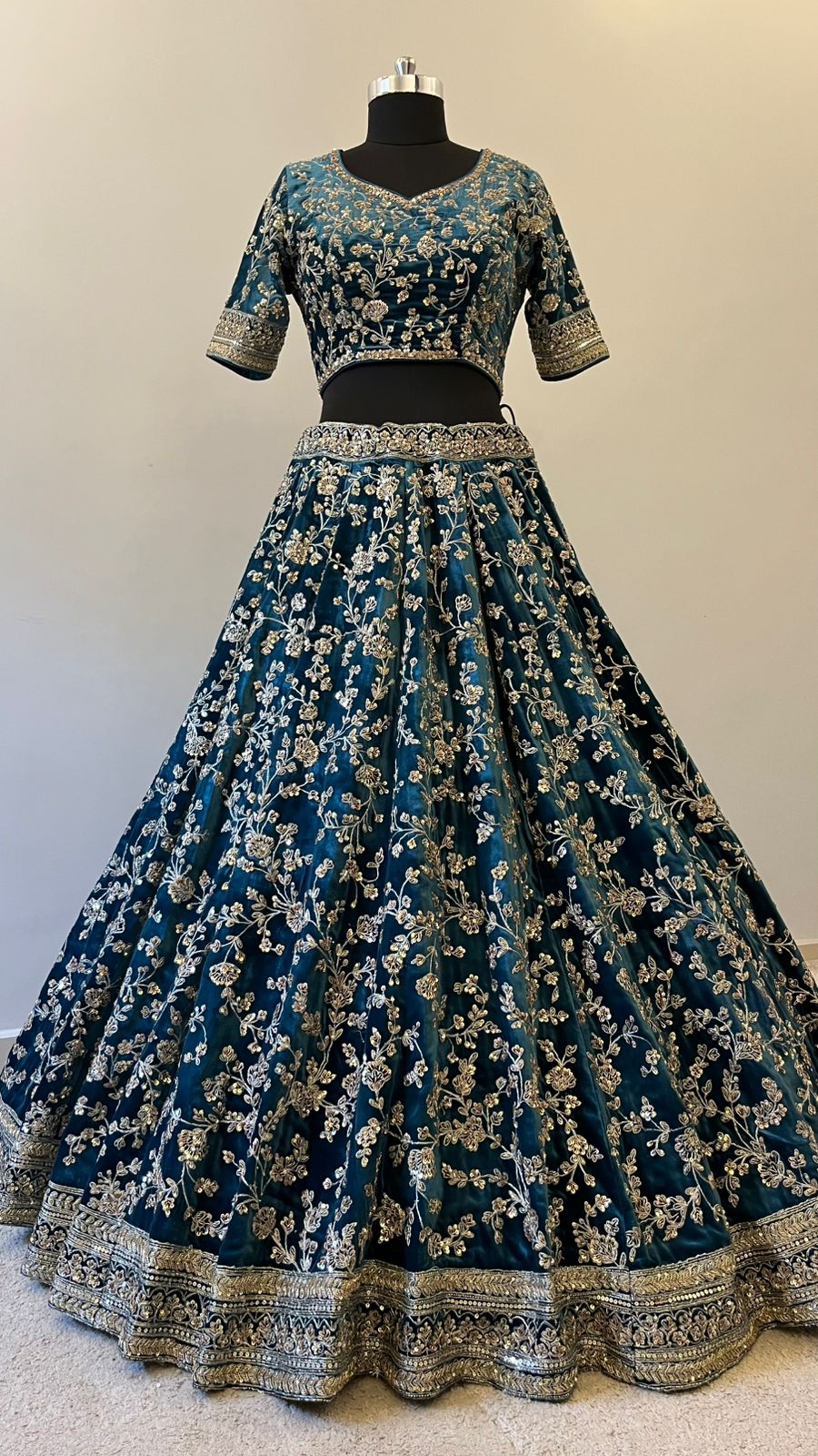 Midnight Teal Zari Embroidered Bridal Lehenga Set