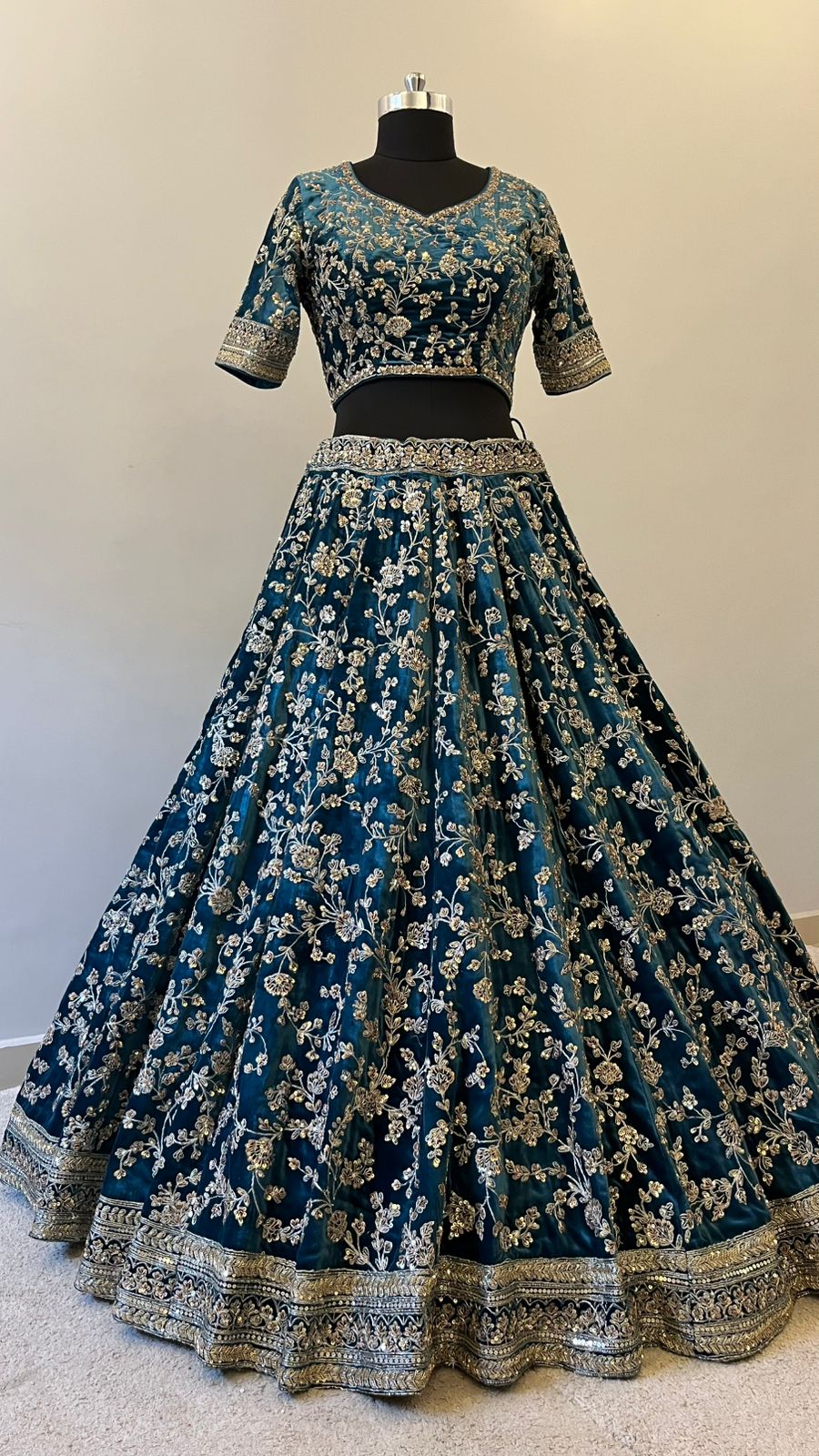 Midnight Teal Zari Embroidered Bridal Lehenga Set